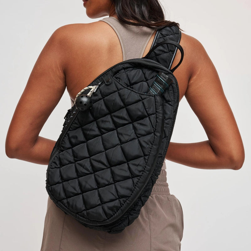 Load image into Gallery viewer, Ace Pickleball Quilted Sling Bag on Woman's Back Black