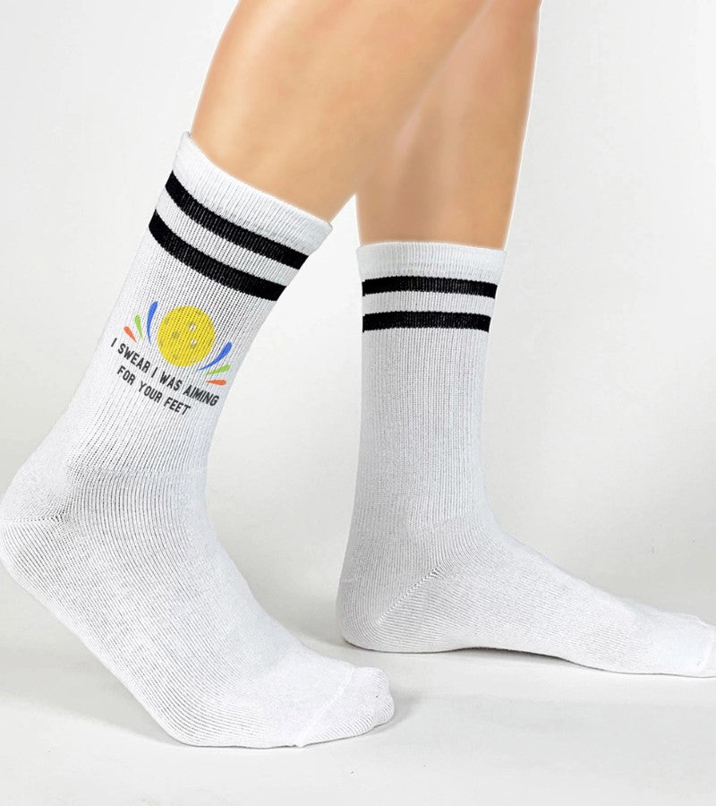 Load image into Gallery viewer, I Swear I was Aiming For Your Feet Funny Pickleball Socks on a Women