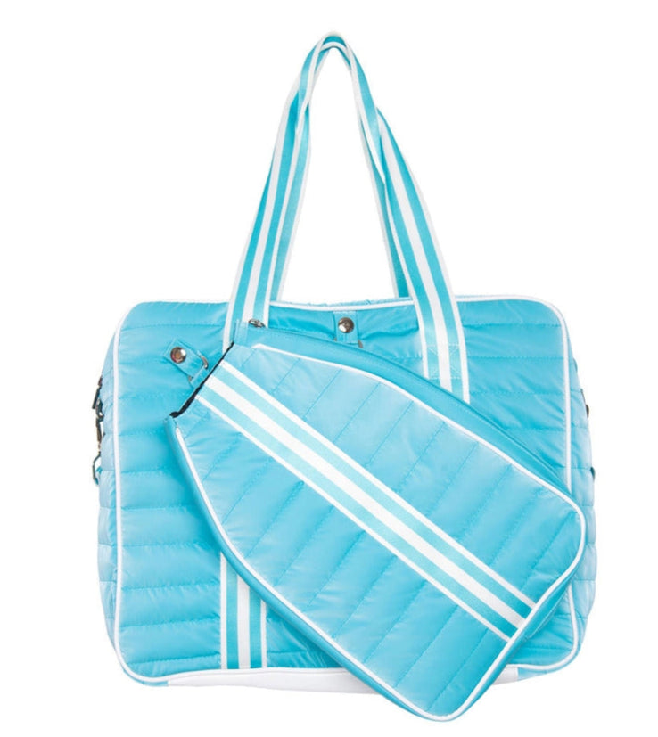 Load image into Gallery viewer, Aqua Puffer Pickleball Tote Front