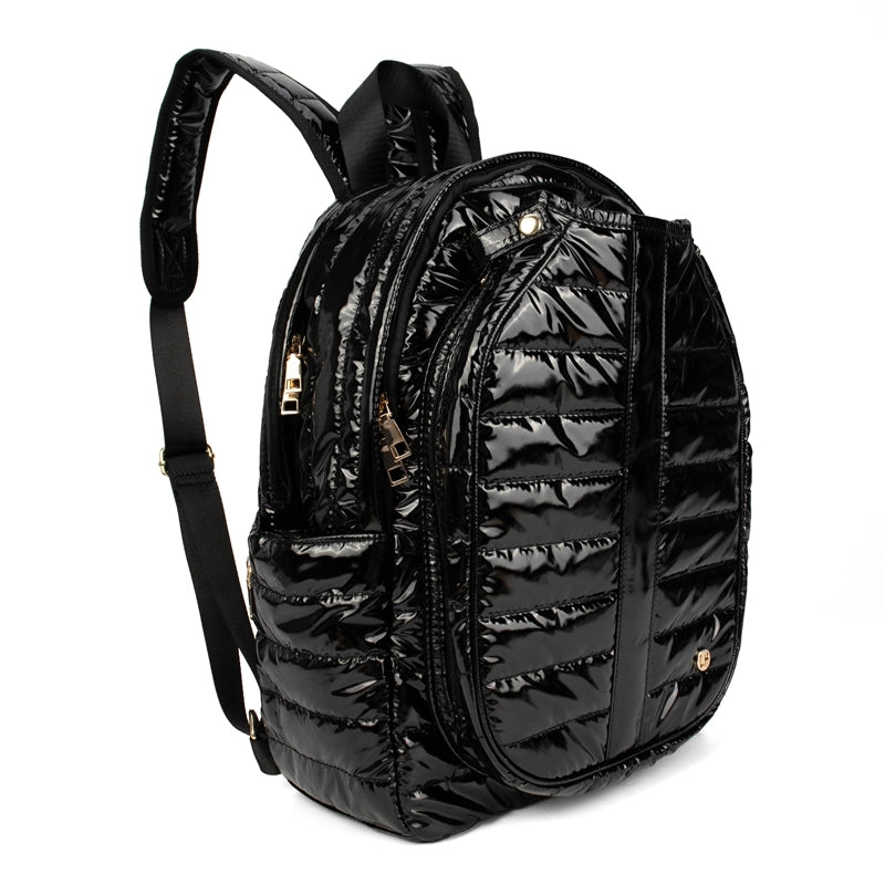 Load image into Gallery viewer, Black Patent Puffer Pickleball Backpack - Side View