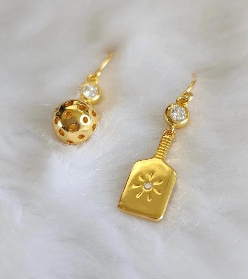 Load image into Gallery viewer, Pickleball Ball and Paddle Drop Earrings Gold