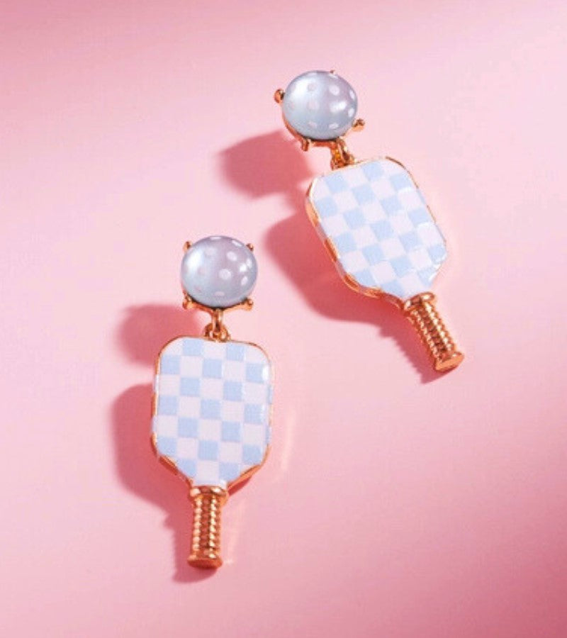 Load image into Gallery viewer, Pickleball Paddle Checkered Drop Earrings - Blue or Pink