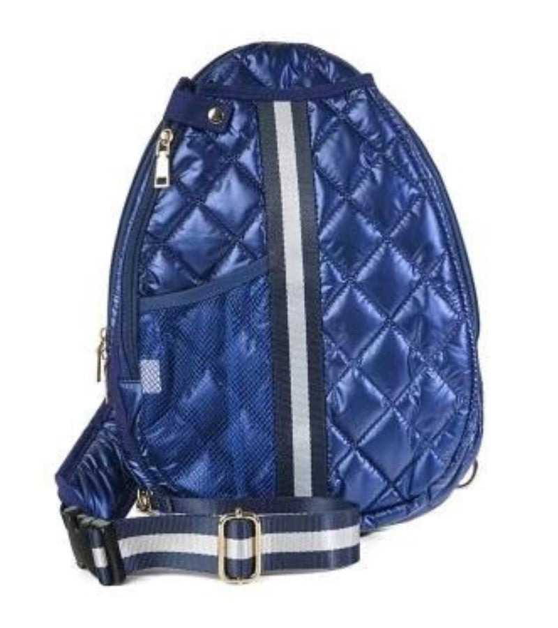Load image into Gallery viewer, Blue Patent Quilted Pickleball Sling Bag