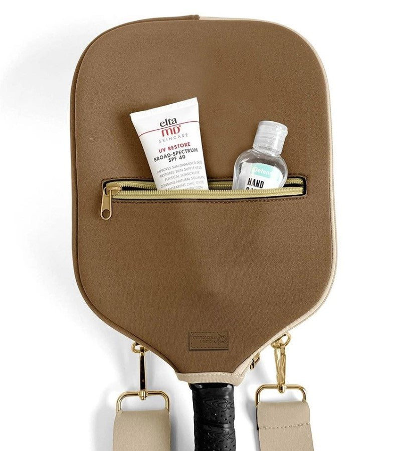 Load image into Gallery viewer, Brown Neoprene Cross Body Pickleball Paddle Cover Back