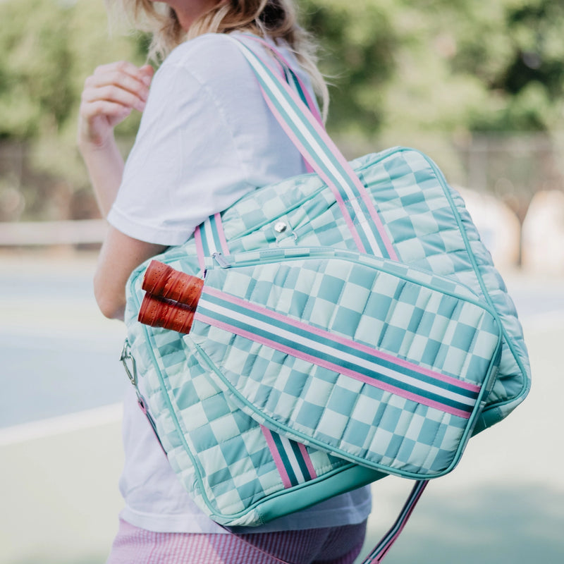 Load image into Gallery viewer, Teal Checkered Pickleball Tote Bag