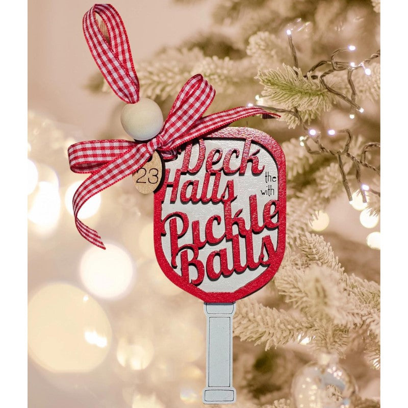 Load image into Gallery viewer, Deck the Halls Wooden Pickleball Ornament