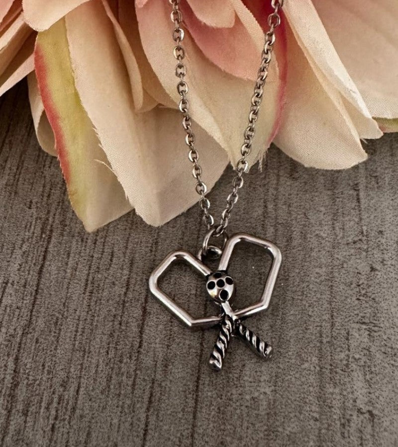 Load image into Gallery viewer, Pickleball Double Paddle Necklace Silver