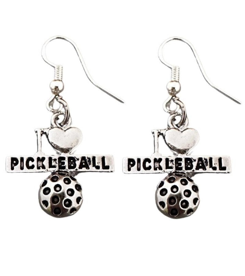 Load image into Gallery viewer, I Heart Pickleball Dangle Earrings Silver