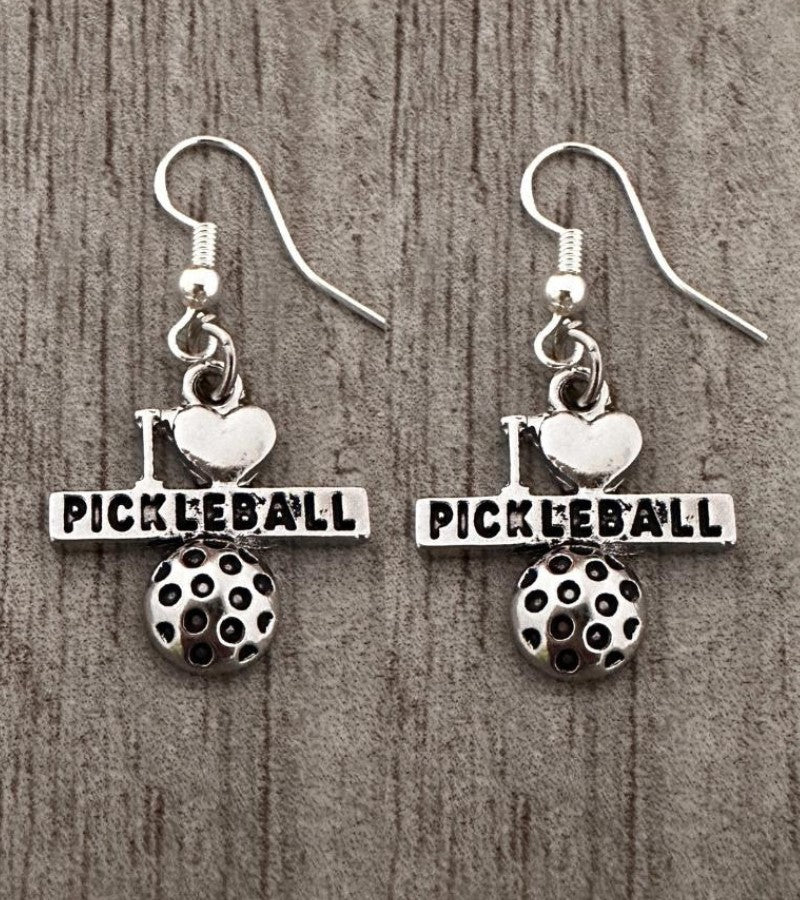 Load image into Gallery viewer, I Heart Pickleball Dangle Earrings Silver