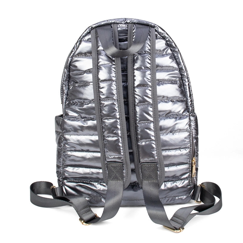 Load image into Gallery viewer, Metallic Silver Puffer Pickleball Backpack - Back View