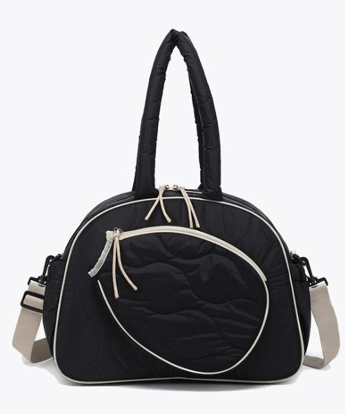 Load image into Gallery viewer, Modern Quilted Pickleball Tote Bag - Black Off White trim