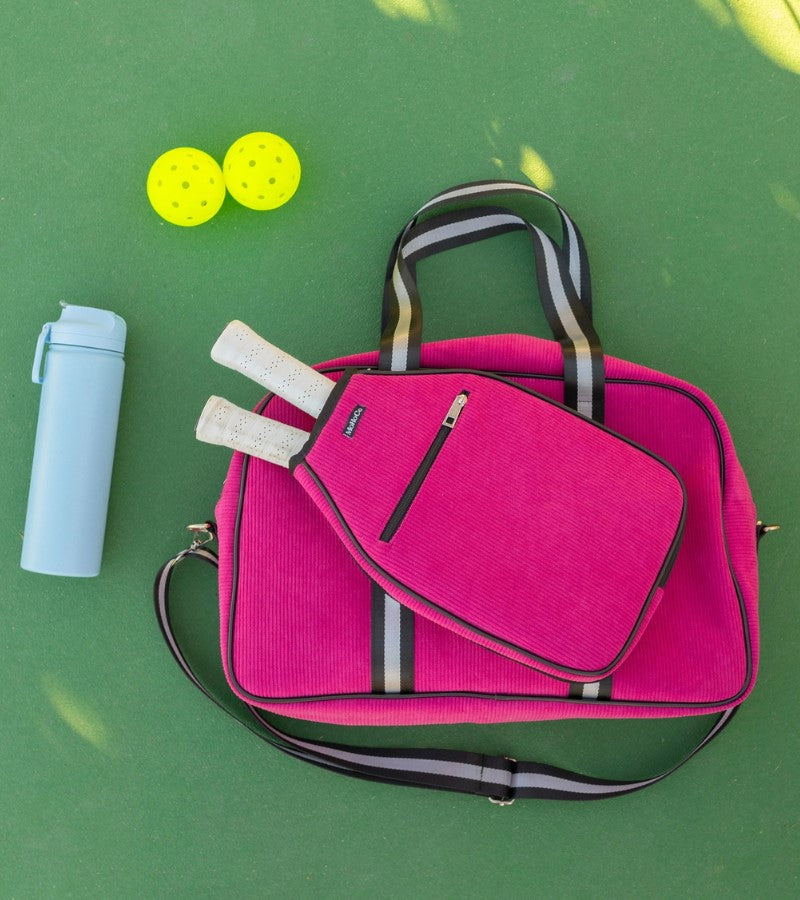 Load image into Gallery viewer, Corduroy Pickleball Tote Raspberry on Court