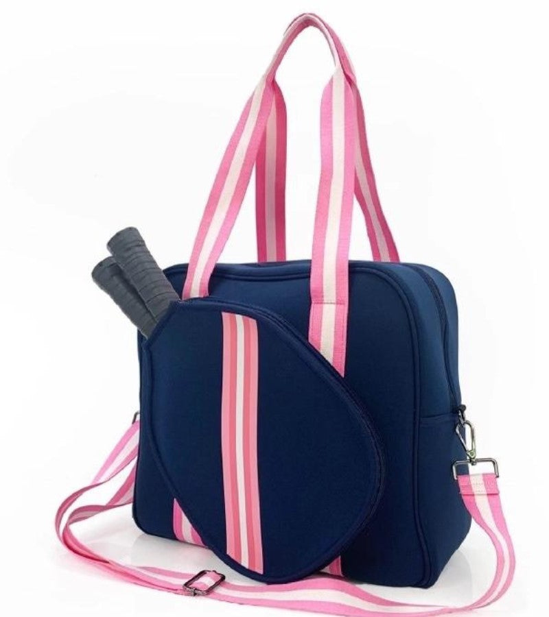 Load image into Gallery viewer, Neoprene Pickleball Tote Bag - Navy with Pink Straps