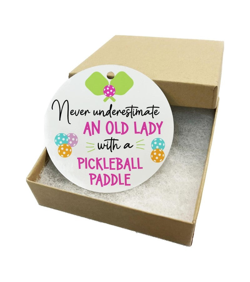 Load image into Gallery viewer, Never Underestimate an Old Lady Pickleball Ornament
