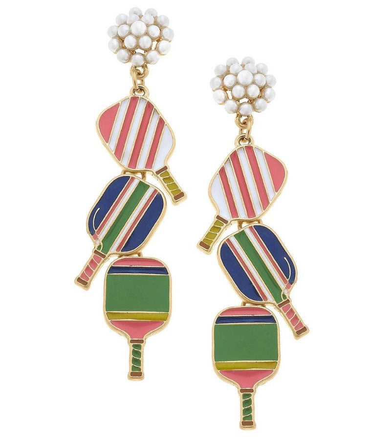 Load image into Gallery viewer, Pickleball Paddle Triple Drop Pearl Cluster Earrings
