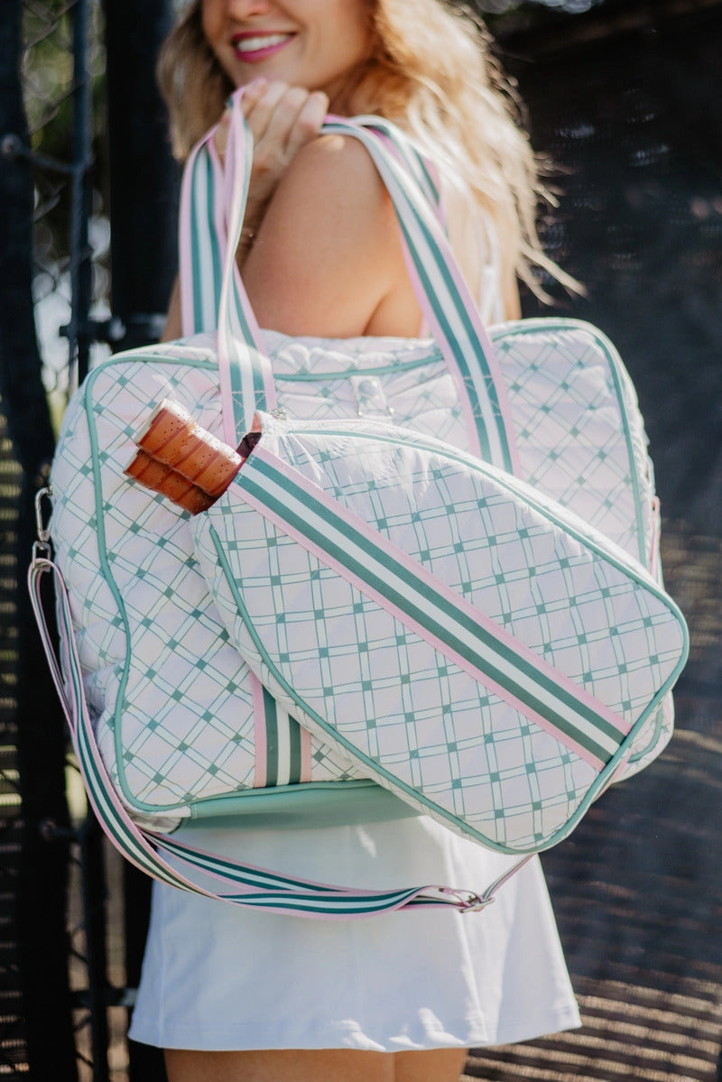 Load image into Gallery viewer, Patterned Pickleball Tote Light Pink Mint with Woman