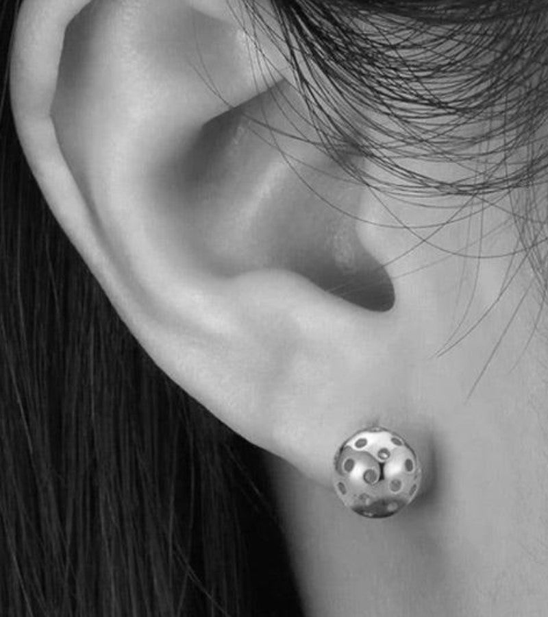 Load image into Gallery viewer, Pickleball Ball Stud Earrings Silver on Ear