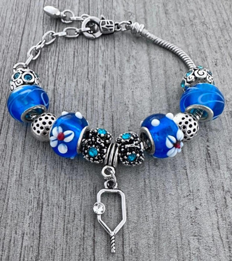 Load image into Gallery viewer, Pickleball Beaded Charm Bracelet - Royal Blue