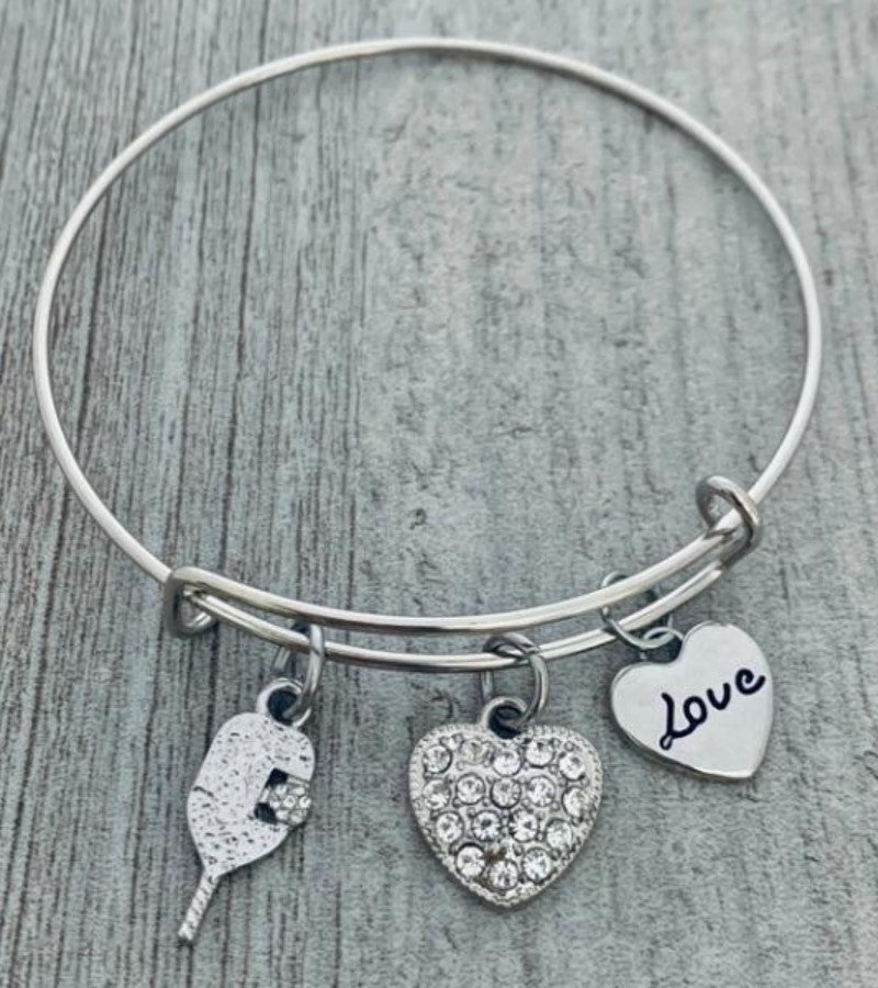 Load image into Gallery viewer, Pickleball Heart Charm Bangle Bracelet