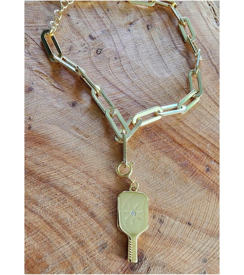 Load image into Gallery viewer, Pickleball Paddle Charm with Clip Link Bracelet Gold