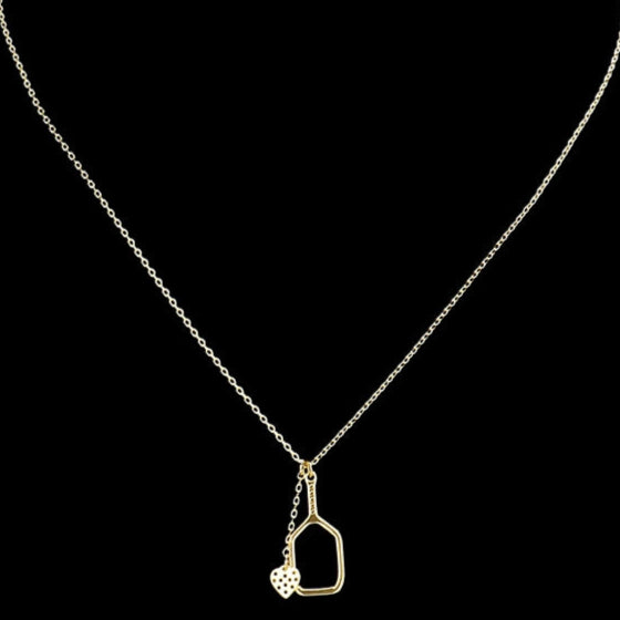 Load image into Gallery viewer, Pickleball Paddle Heart Ball Necklace Gold
