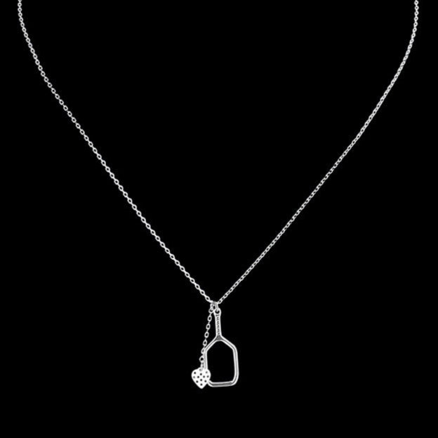 Load image into Gallery viewer, Pickleball Paddle with Heart Ball Necklace Silver