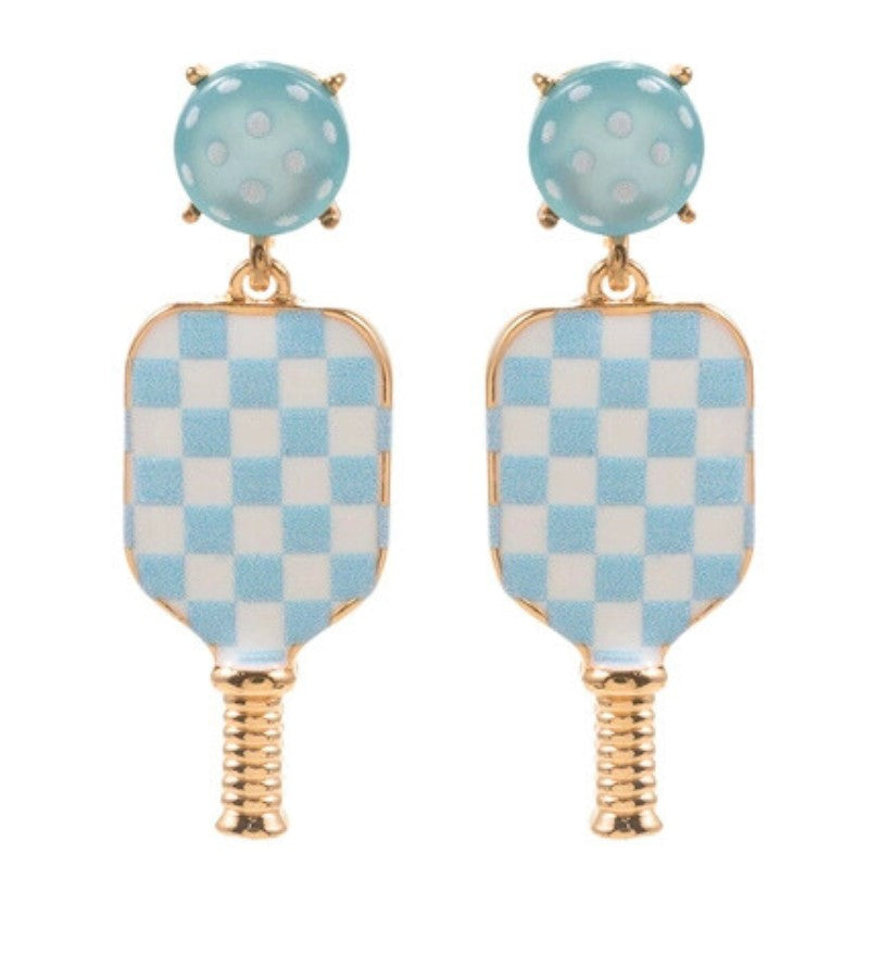 Load image into Gallery viewer, Pickleball Paddle Checkered Drop Earrings - Blue or Pink