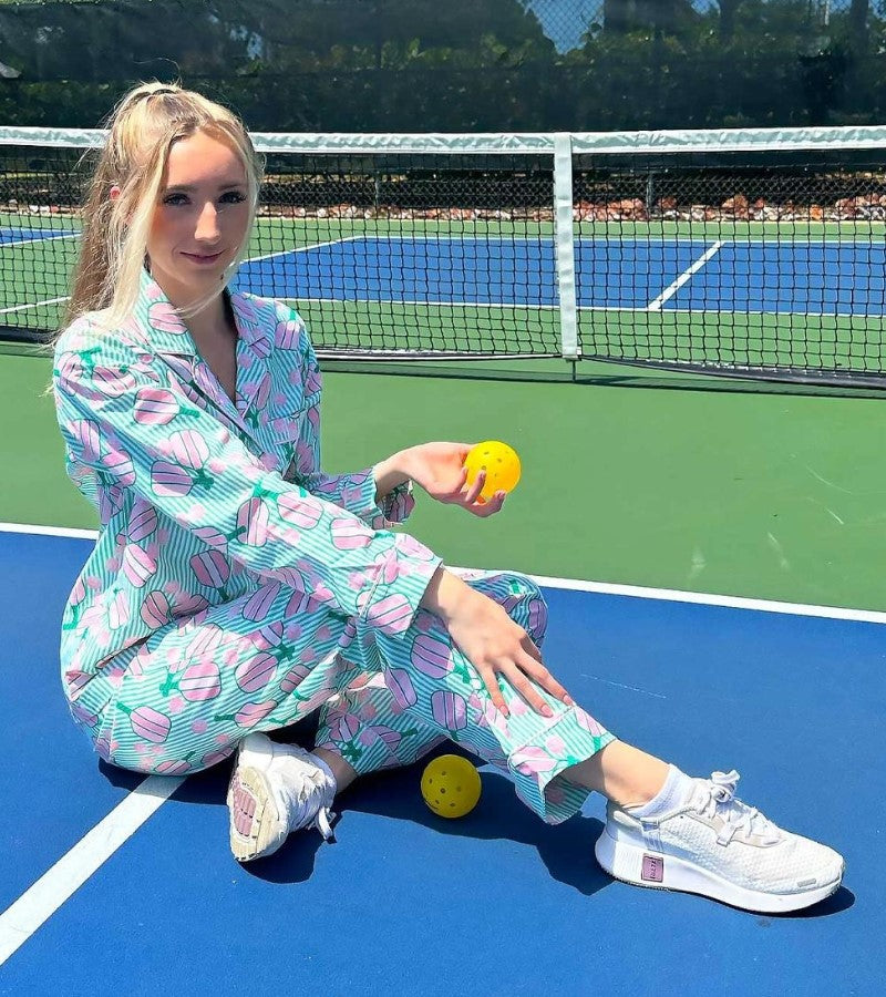 Load image into Gallery viewer, Pickleball Long Sleeve Pajamas Green Stripe