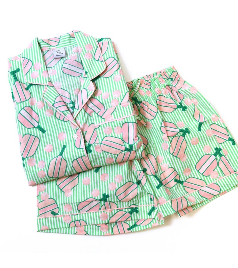 Load image into Gallery viewer, Pickleball Pajamas Green Stripe Short Set