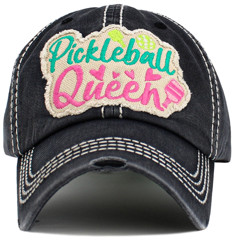 Load image into Gallery viewer, Pickleball Queen Distressed Hat in Black Front View