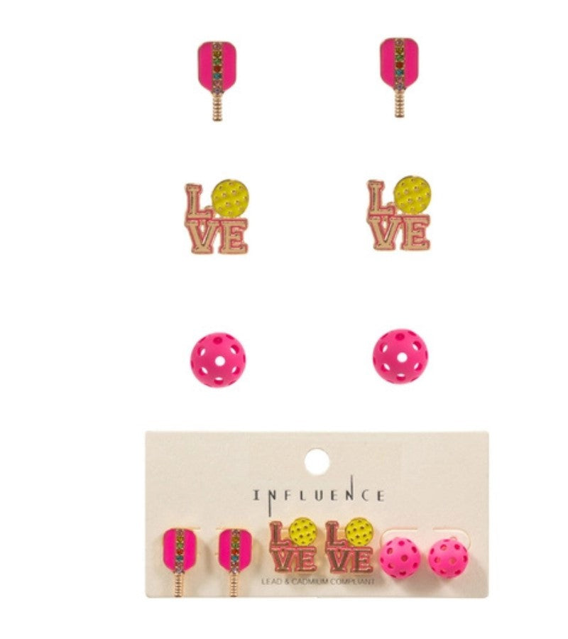 Load image into Gallery viewer, Pickleball Themed Earrings - 3 Pair Pink