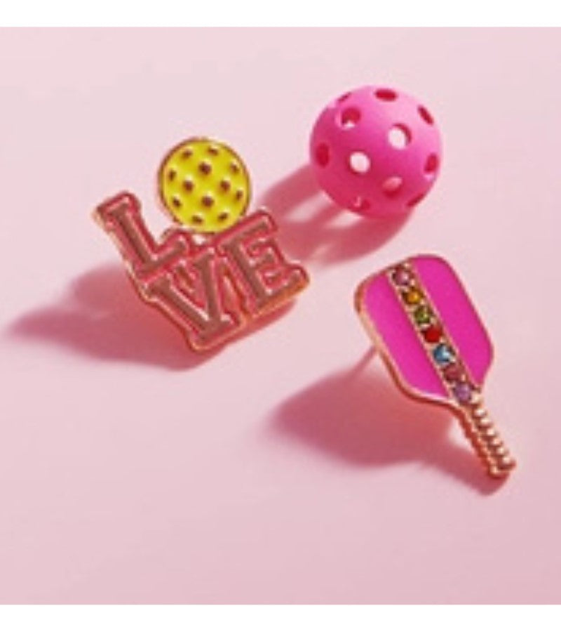 Load image into Gallery viewer, Pickleball Themed Earrings - 3 Pair Pink