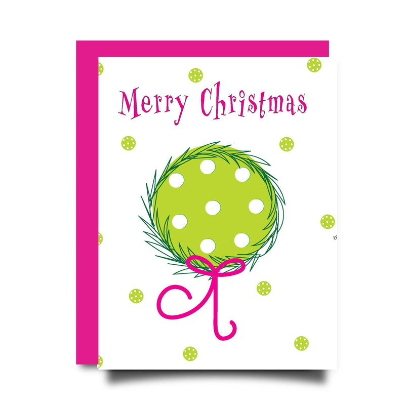 Load image into Gallery viewer, Pickleball Wreath Christmas Card Hot Pink Envelope