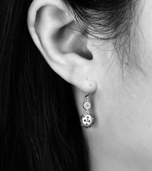 Pickleball Bling Drop Earrings in Sterling Silver on Ear