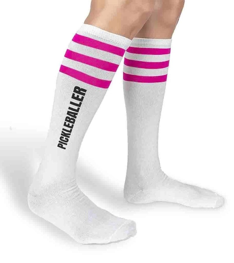 Load image into Gallery viewer, Pickleballer Pink Striped Knee High Socks Womens