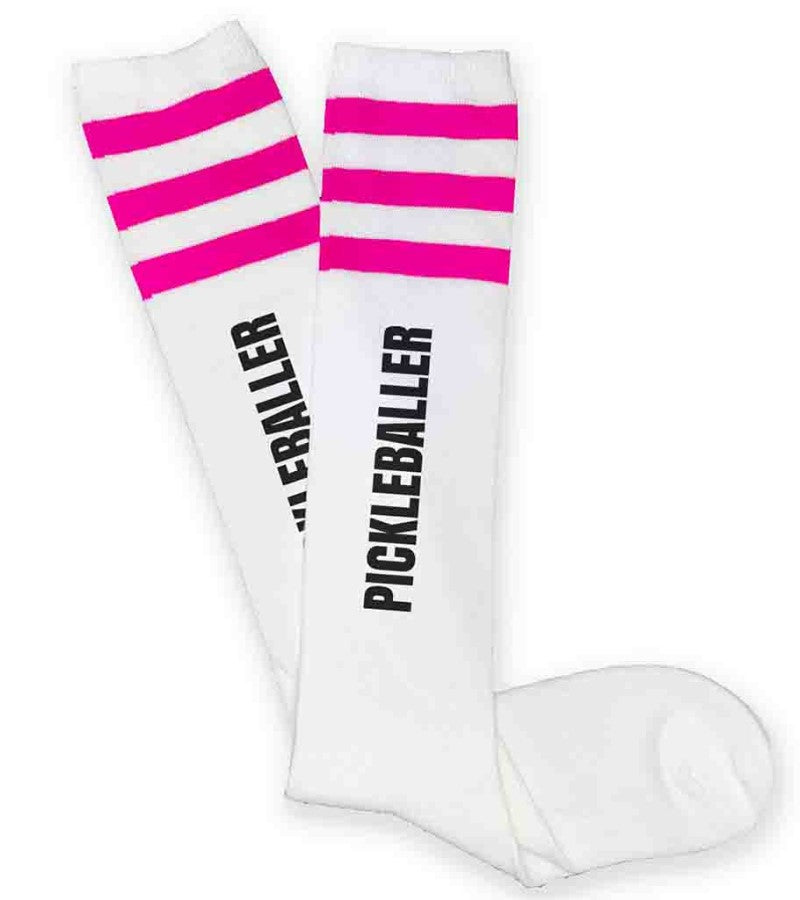 Load image into Gallery viewer, Pickleballer Pink Striped Knee High Socks
