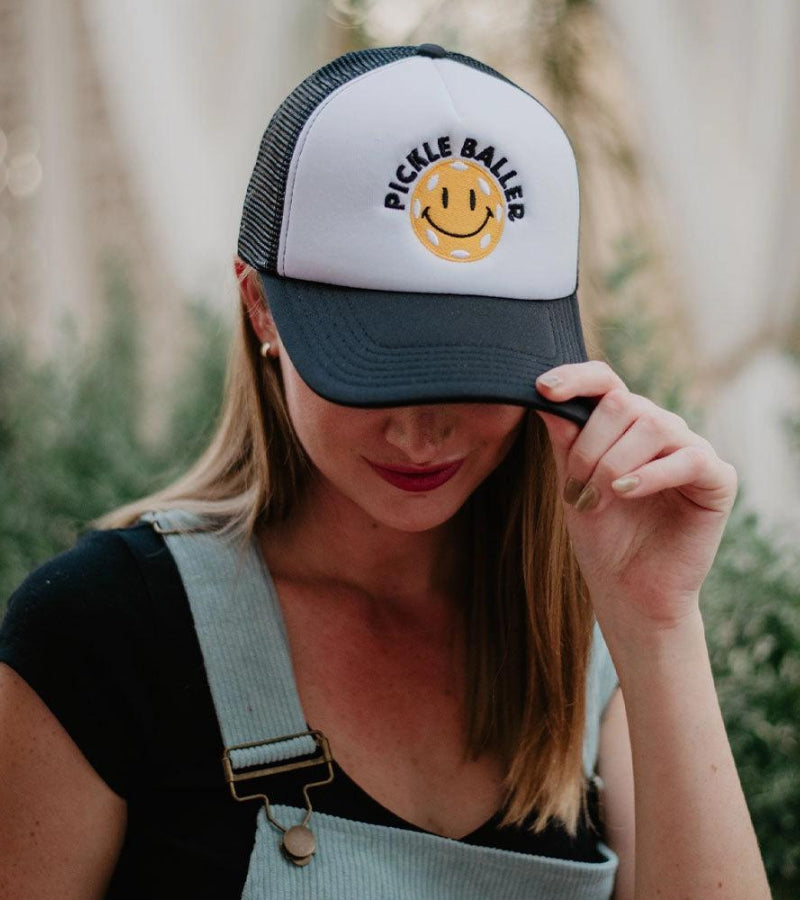 Load image into Gallery viewer, Pickle Baller Smiley Face Trucker Hat Black
