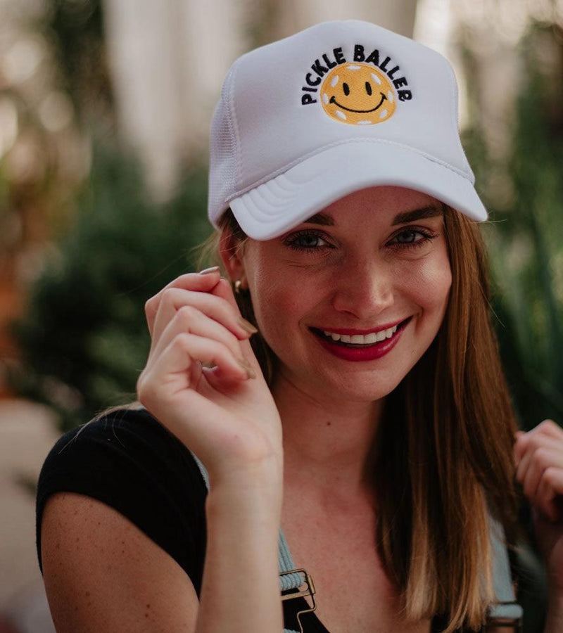 Load image into Gallery viewer, Pickle Baller Smiley Face Trucker Hat