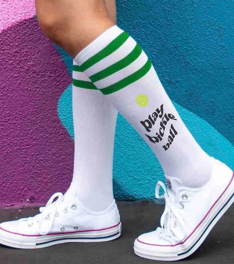 Load image into Gallery viewer, Play Pickleball Knee High Socks Green Stripe