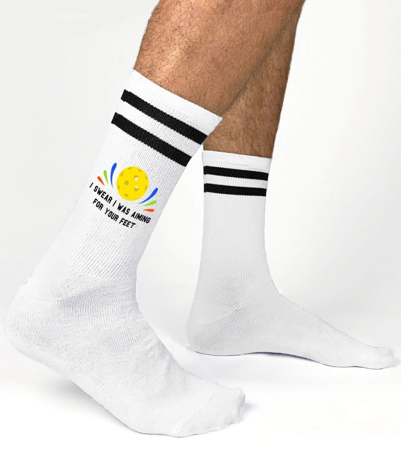 Load image into Gallery viewer, I Swear I was Aiming For Your Feet Funny Pickleball Socks on a Man
