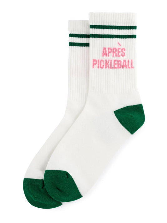 Apres Pickleball Womens Crew Socks in White with accents of green and pink