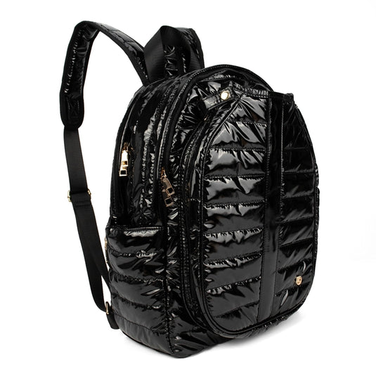 Black Patent Puffer Pickleball Backpack - Side View