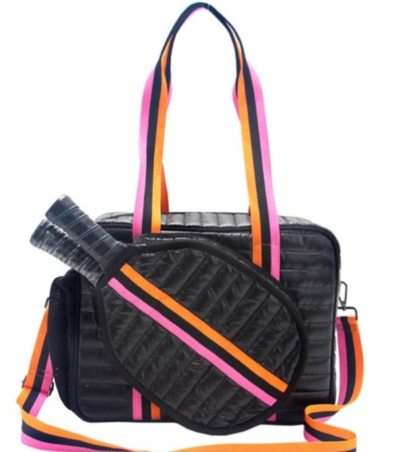 Load image into Gallery viewer, Black Puffer Pickleball Tote Bag - Orange &amp; Hot Pink Straps
