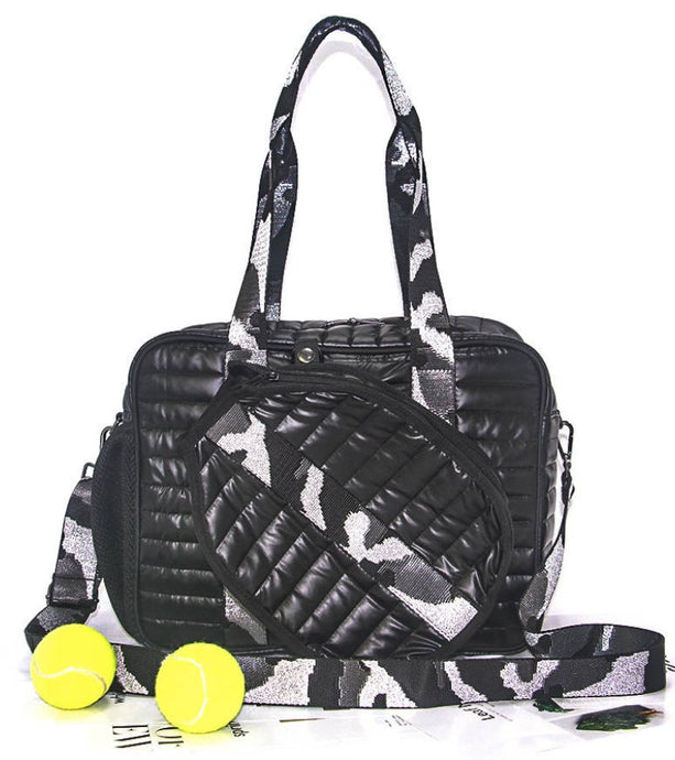 Black Puffer Pickleball Tote with Camo Strap