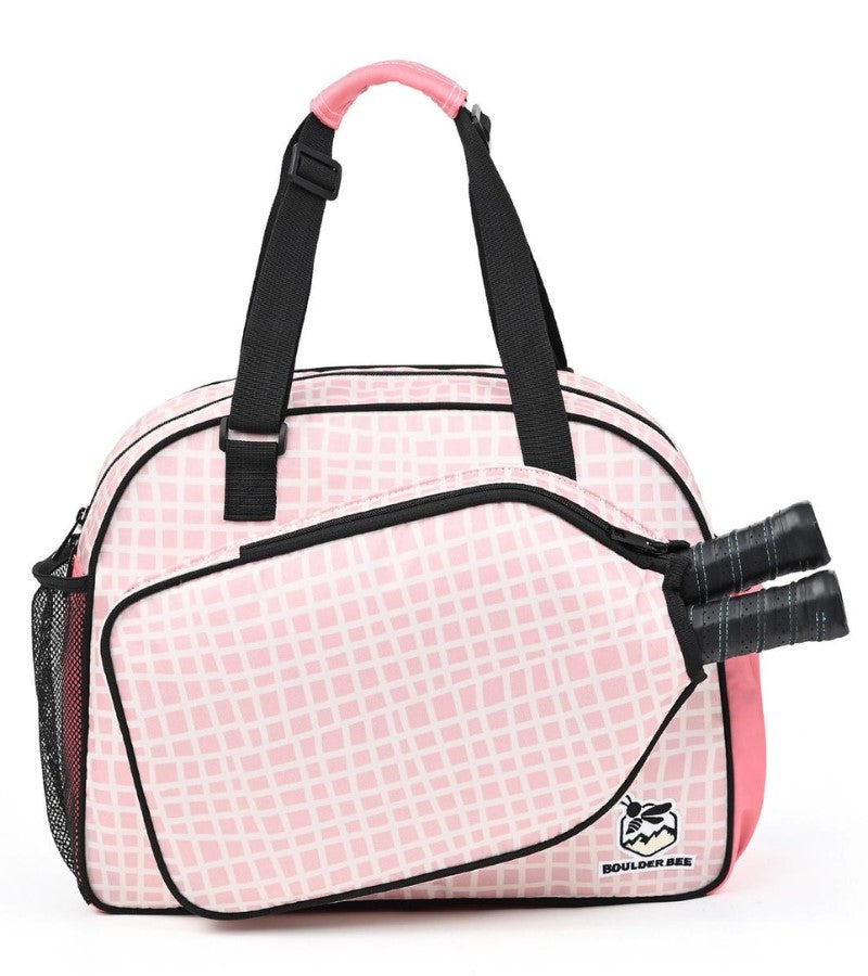 Load image into Gallery viewer, Boulder Bee Pink Plaid Pickleball Tote Bag
