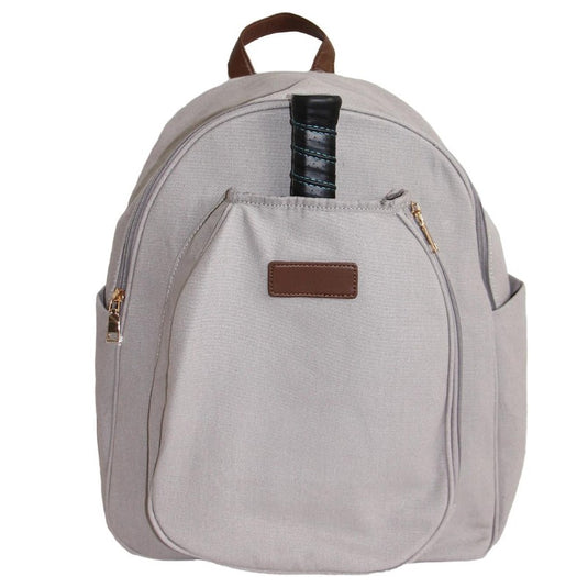 Mens Canvas Picklelball Backpack Grey - Front with Paddle