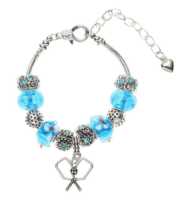 Pickleball Double Paddle Blue Beaded Charm Bracelet