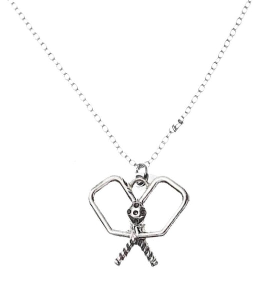 Pickleball Double Paddle Necklace Silver