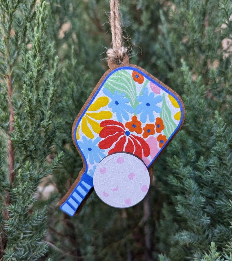 Load image into Gallery viewer, Floral Paddle Wooden Pickleball Ornament
