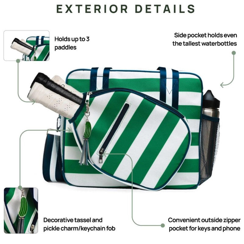 Load image into Gallery viewer, Green &amp; Navy Stripe Pickleball Tote - Exterior Details
